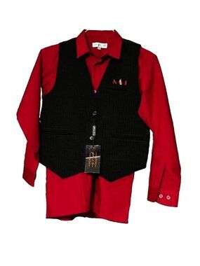 Johnnie Lene Boys 3 Piece Formal Vest Set Size 14 Black Pinstripe Red Shirt NWT